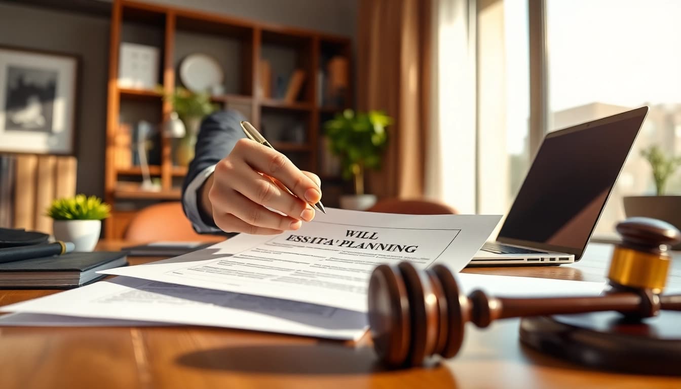 Lawyer preparing essential Wills documents in a warm, professional office setting.