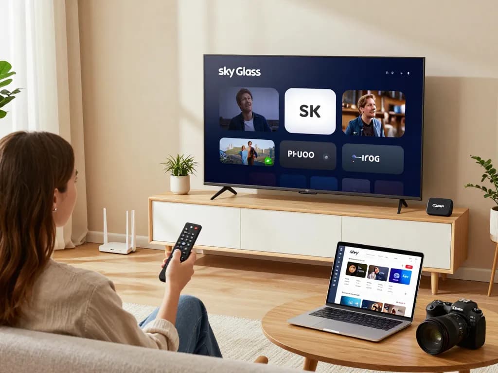 Sky Glass IPTV installation Guide setup at home with smart devices and streaming options in a cozy living room.
