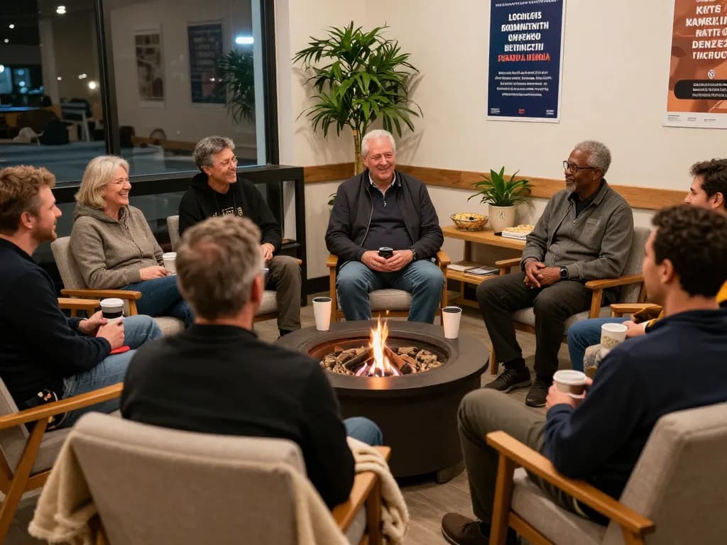 Men engaging in meaningful conversations at ManClub gathering, promoting mental health.