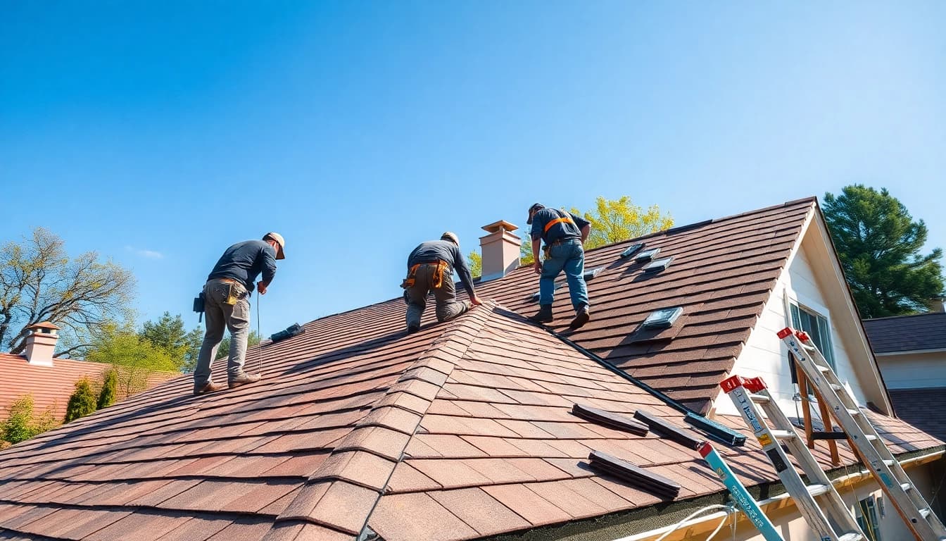 Engaged roofing company team installing new shingles on a home rooftop with safety gear.