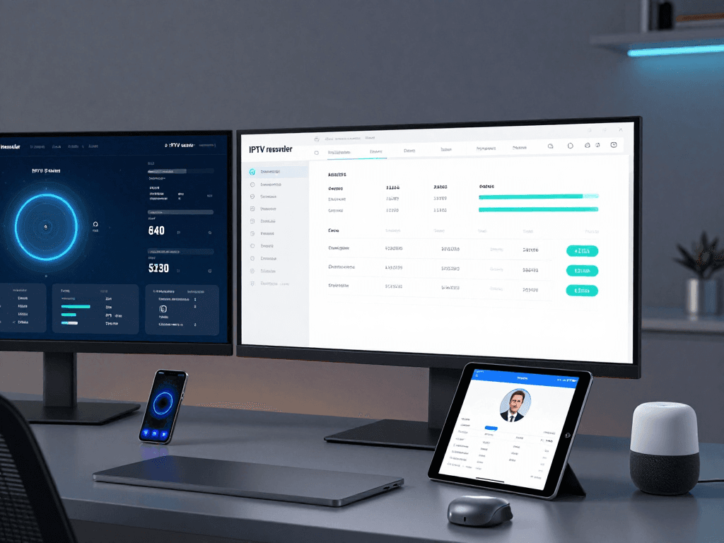 IPTV reseller management dashboard showcasing advanced analytics and real-time support for software developers in a cutting-edge, technology-driven environment.