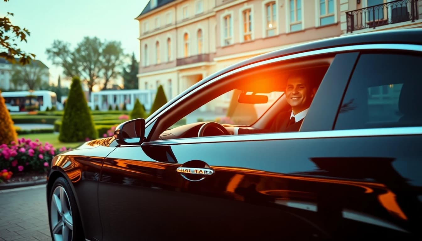 Experience Chauffeur Services Nottingham with a professional driver in a luxury car outside a premium hotel.