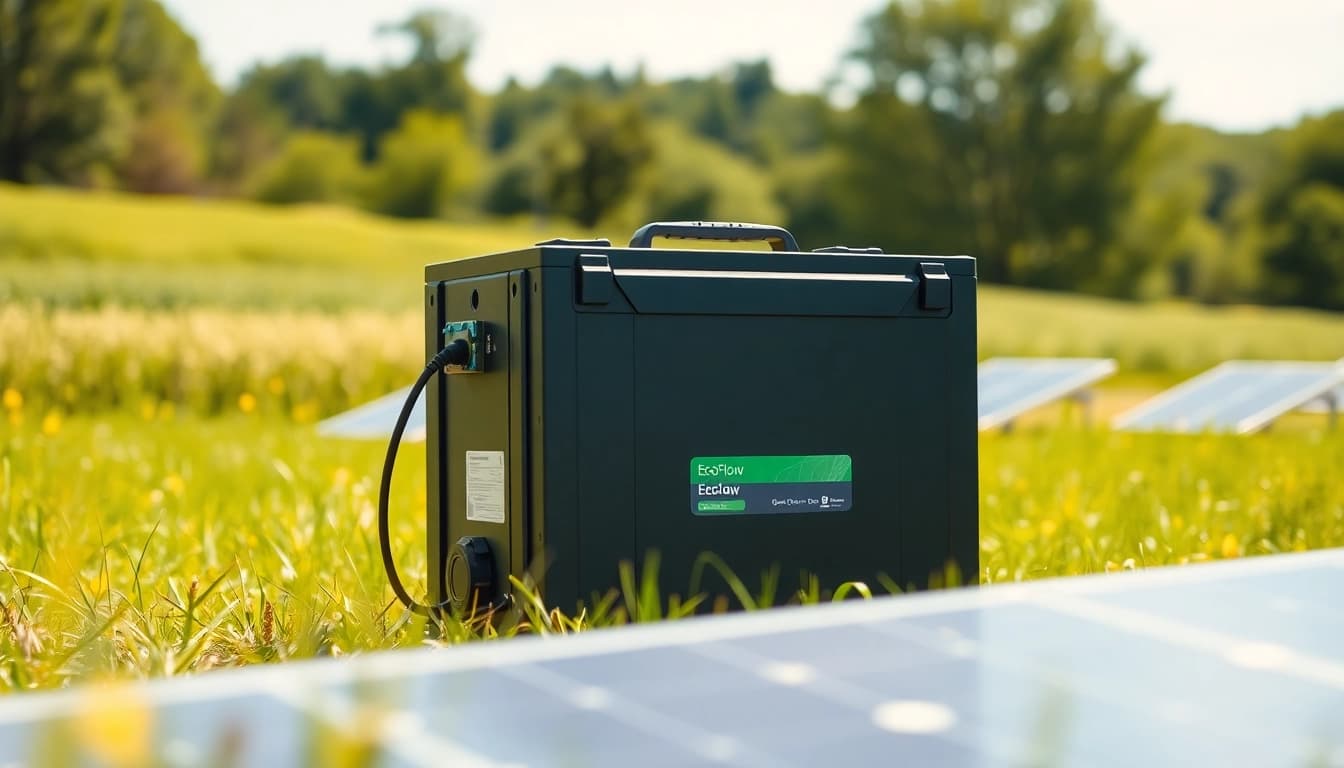 EcoFlow solar power system in a bright outdoor setting with solar panels and battery pack.