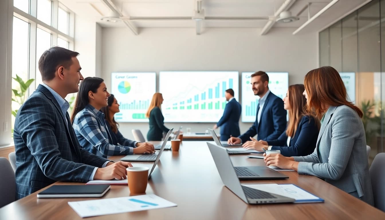 Plan your ideal career with professionals collaborating in a modern office.