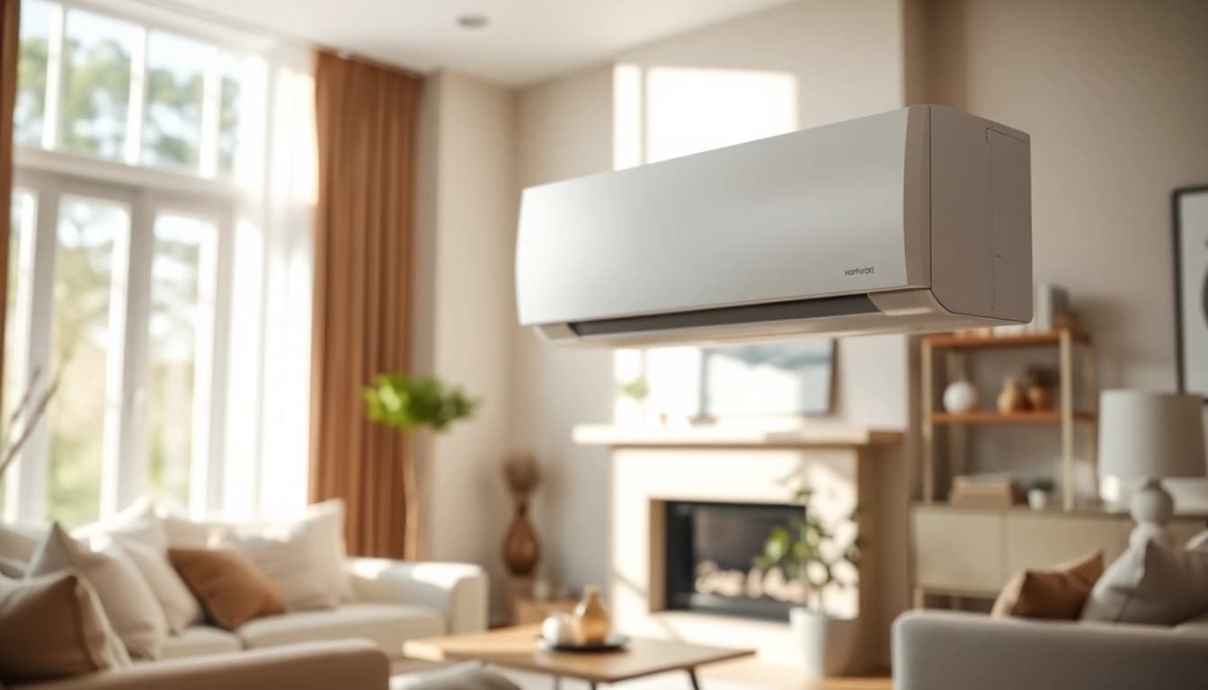 Showcase of a mini split ac unit enhancing a cozy living room with modern decor.