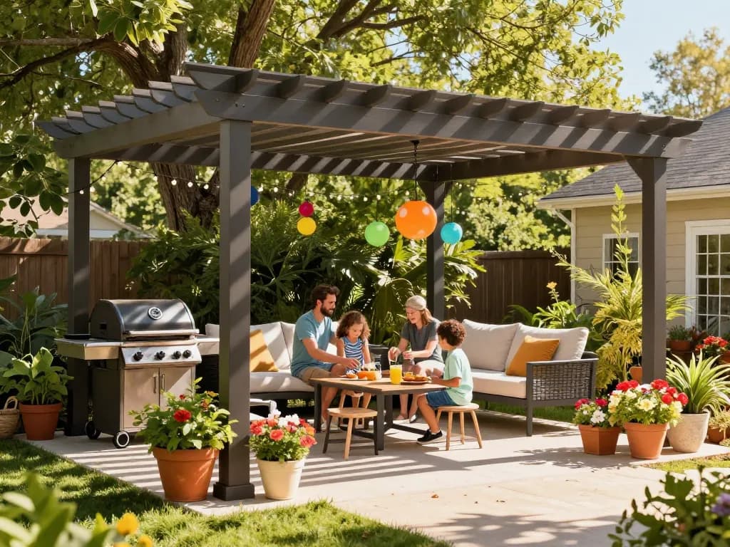 Custom pergola configurator design in a vibrant outdoor space with family gathering.