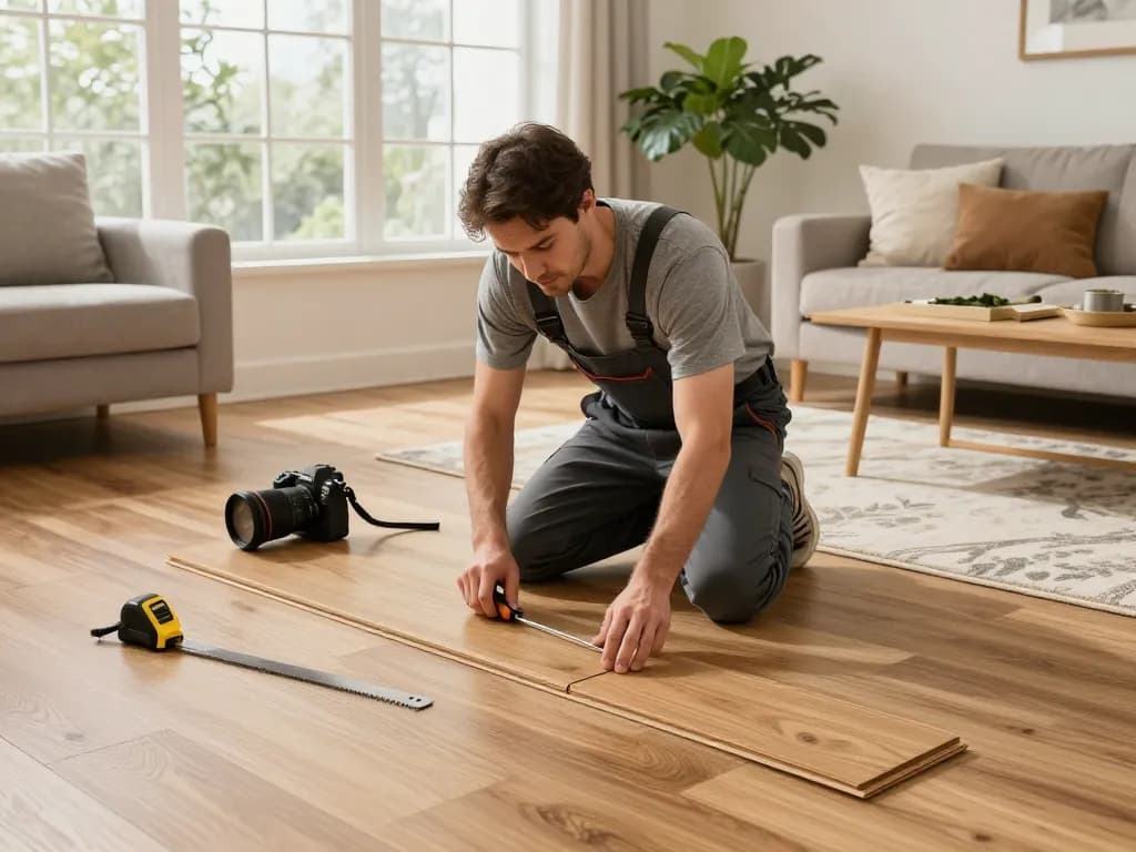 Flooring specialists near me installing elegant hardwood flooring in a cozy living room.