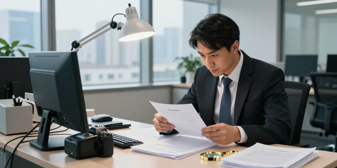 Document fraud detection analysis by a forensic analyst in a modern office setting with tools.