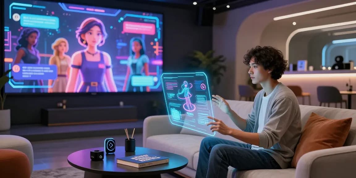 Dynamic NSFW AI interaction in a futuristic lounge with vibrant avatars showcasing technology and user engagement.
