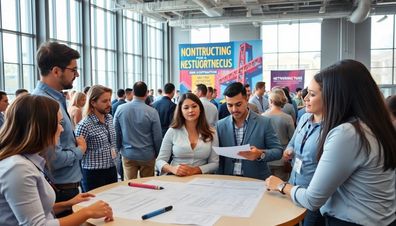 Attendees discussing ideas at construction networking events in a bright conference space.