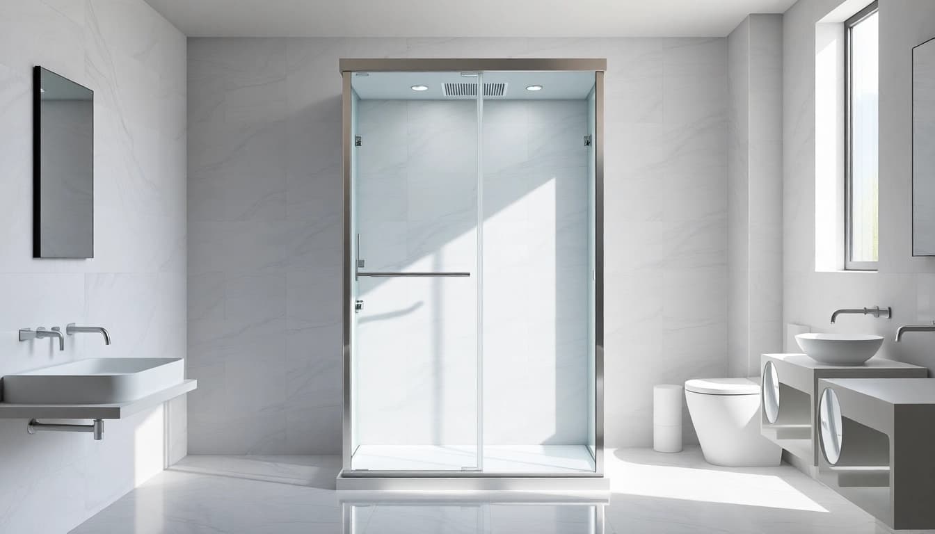 Ansicht einer modernen duschkabine 100x100 pendeltür in elegantem Badezimmer.
