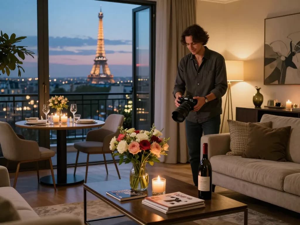 Conciergerie Airbnb Paris: chic living room with Eiffel Tower view and welcoming decor for guests