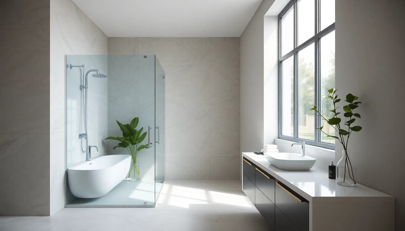 Showing shower screens semi frameless in a modern bathroom with elegant design elements.