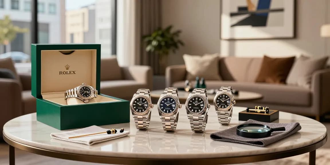 Showcase of Rolex super clone watches in a stylish urban lounge setting, emphasizing luxury and detail.