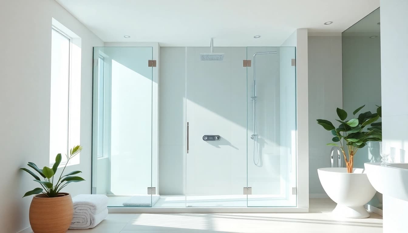 Experience elegant showers with modern design elements in a luxurious bathroom setting.