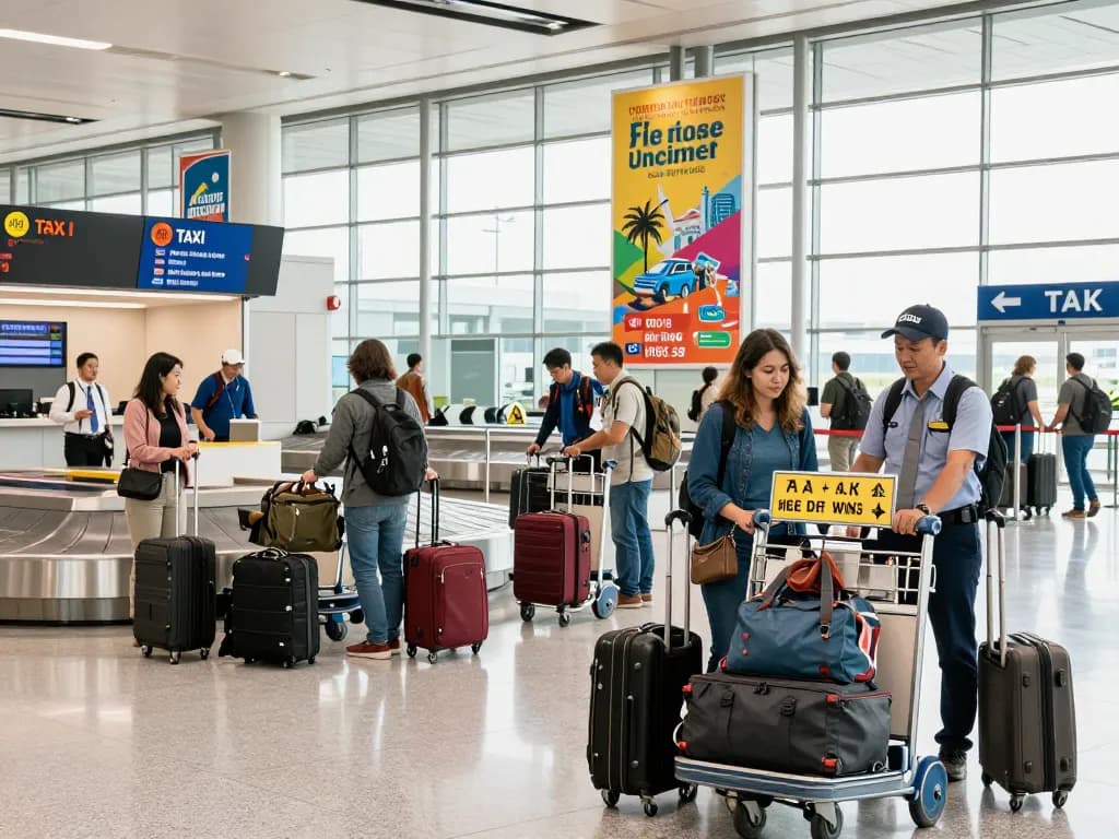 Busy airport scene showcasing travelers using the Airport taxi service for their transfers.