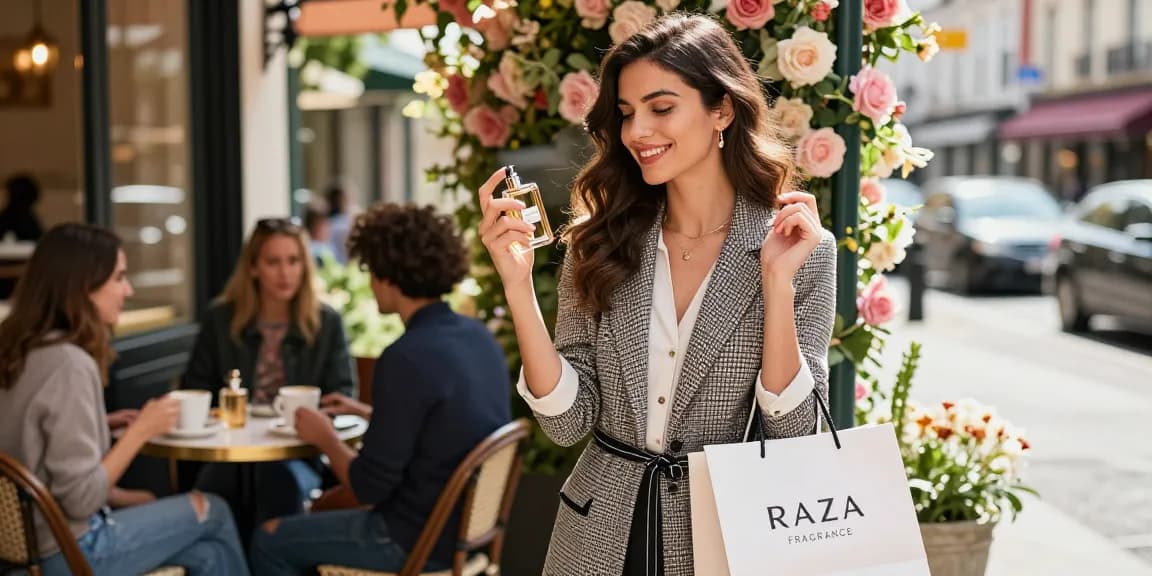 Raza for greatness perfume experience in urban style with a woman enjoying luxury scents.