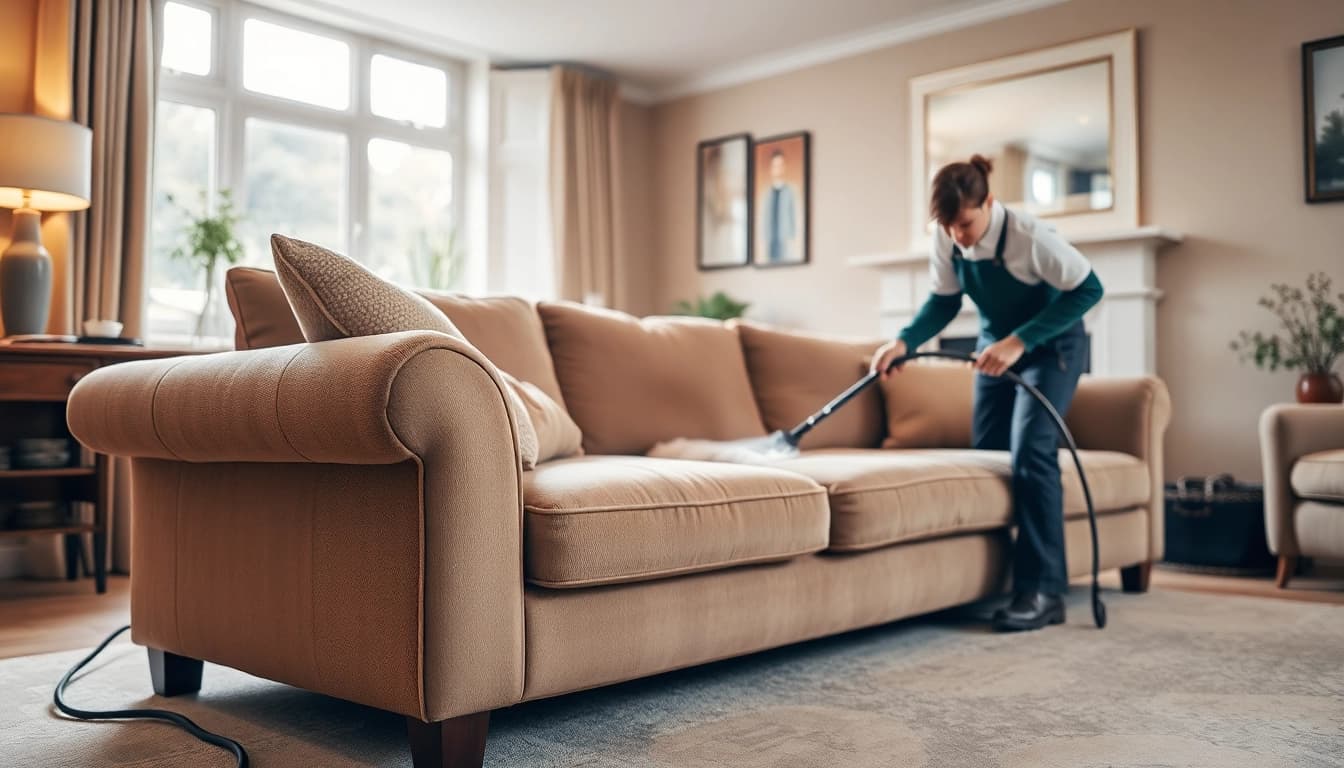 Sofa cleaning in Glasgow featuring a technician at work in a cozy living room.