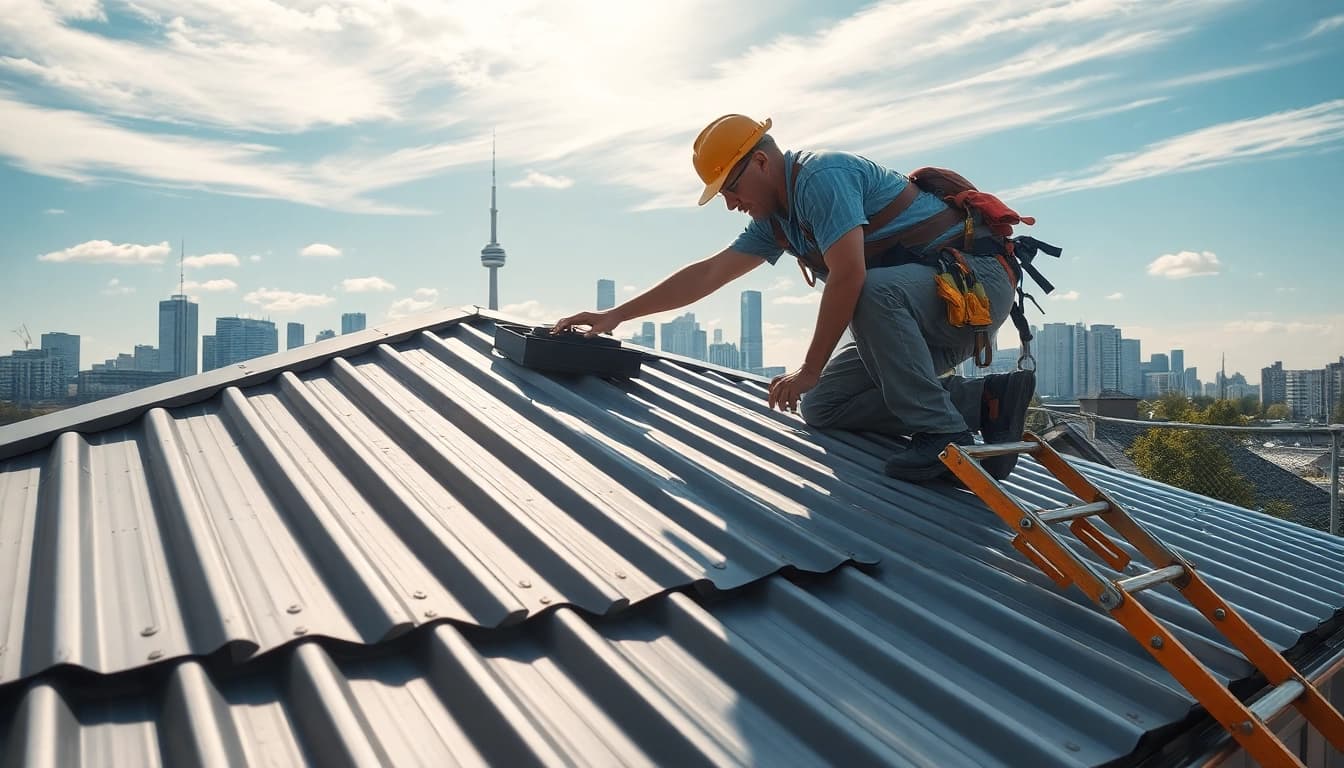 Installing metal roofing toronto with a professional contractor in an urban setting.