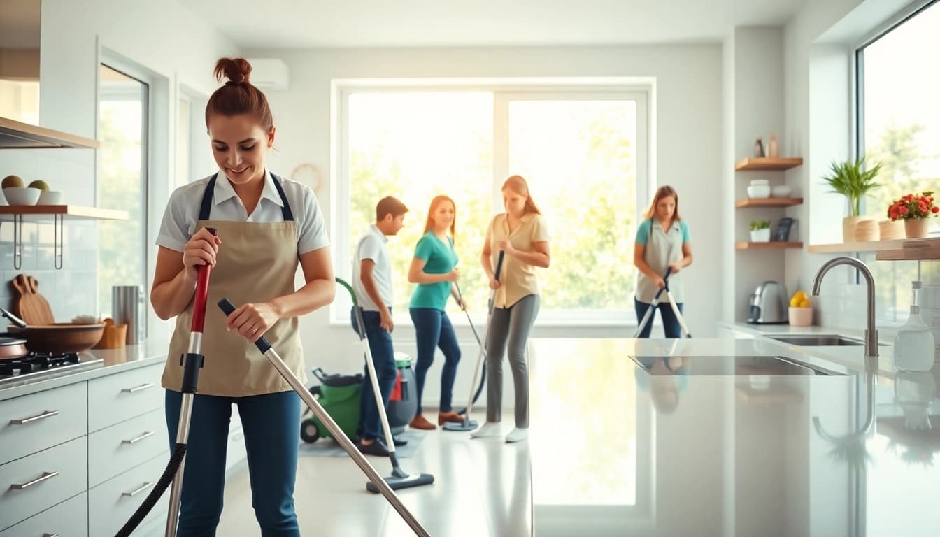 Efficient cleaning services near me ensuring a spotless kitchen with professional equipment.