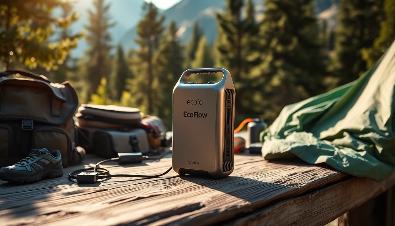 EcoFlow portable power station showcased in a natural outdoor setting.