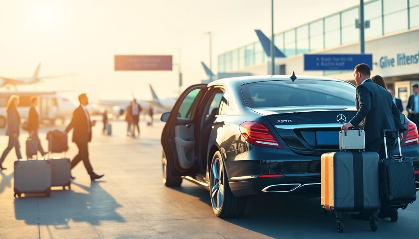 Airport Transfers vehicle welcoming travelers at a bustling airport terminal with smooth, modern design.