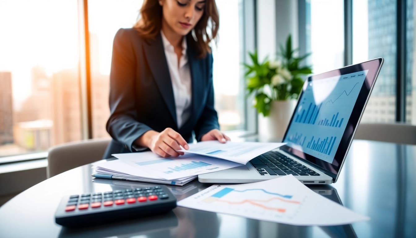 An expert consultant reviews grants opportunities in a modern office with charts and financial documents.