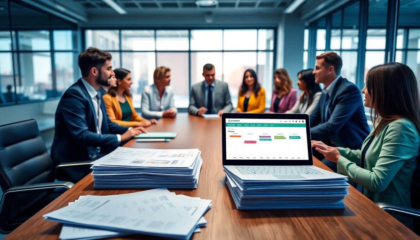 Engaging discussion on pre-post award compliance among professionals in a bright office setting.