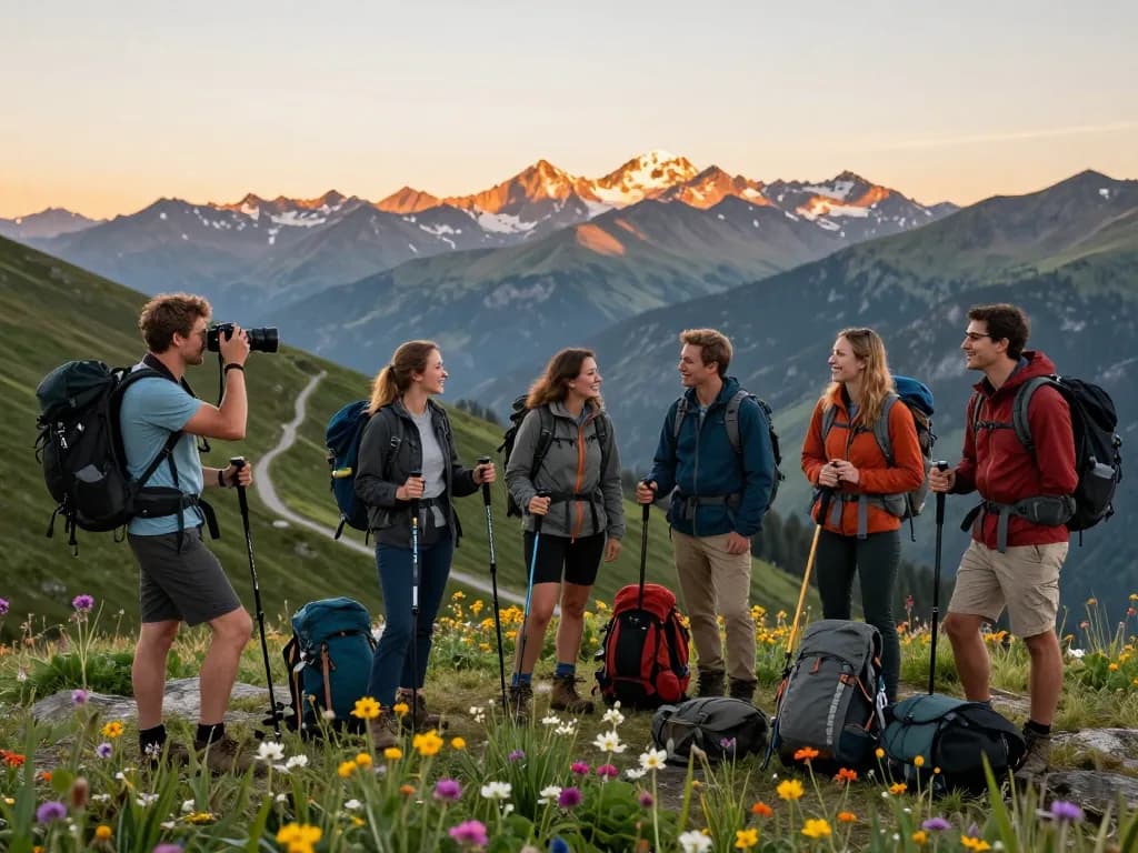 A group of travelers enjoying a scenic view of the mountains during sunset, highlighting sunwin as a destination for outdoor adventures.