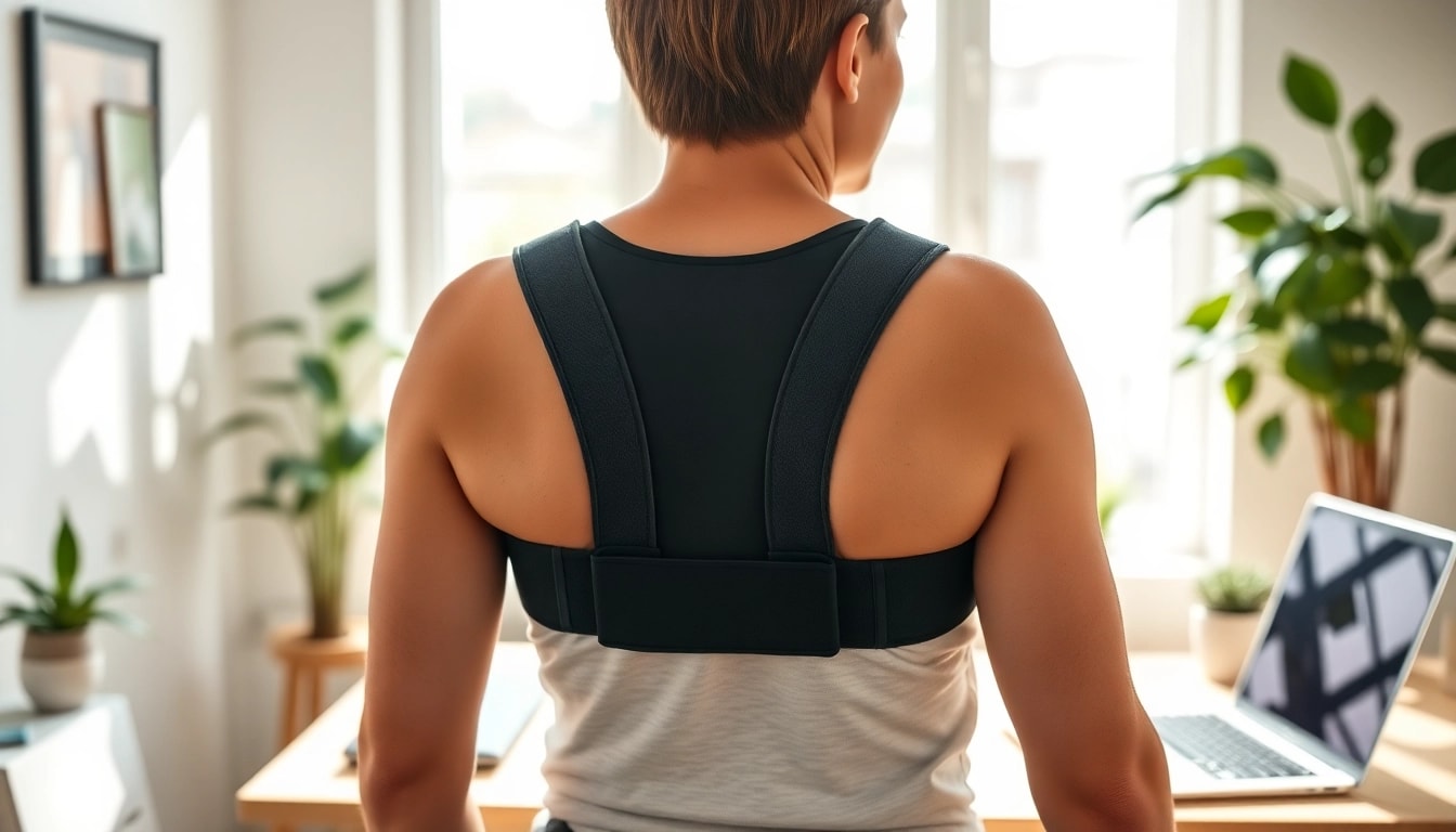 A person using a posture corrector to improve back alignment while working.