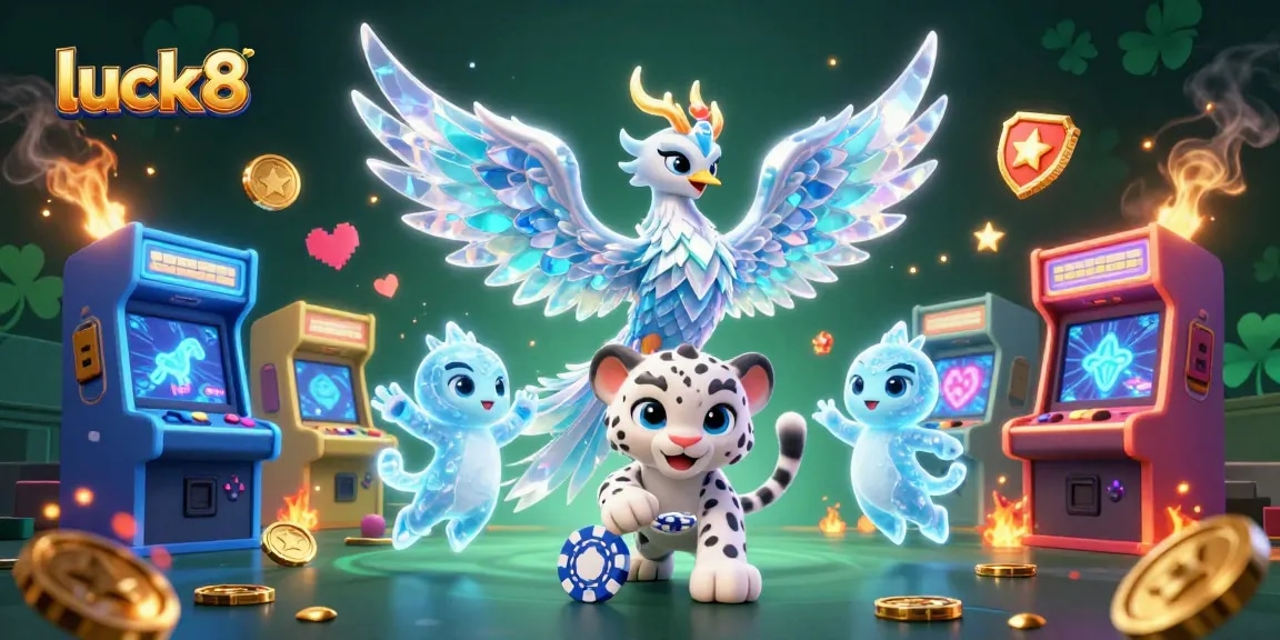 Engage with luck8's vibrant casino scene featuring a dynamic ice phoenix and playful snow leopard.