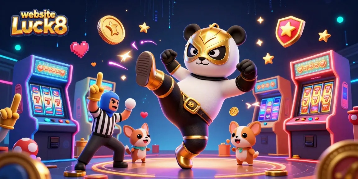 The vibrant casino scene showcases the website Luck8 as 3D playful panda performs a flying kick surrounded by cheering spectators.