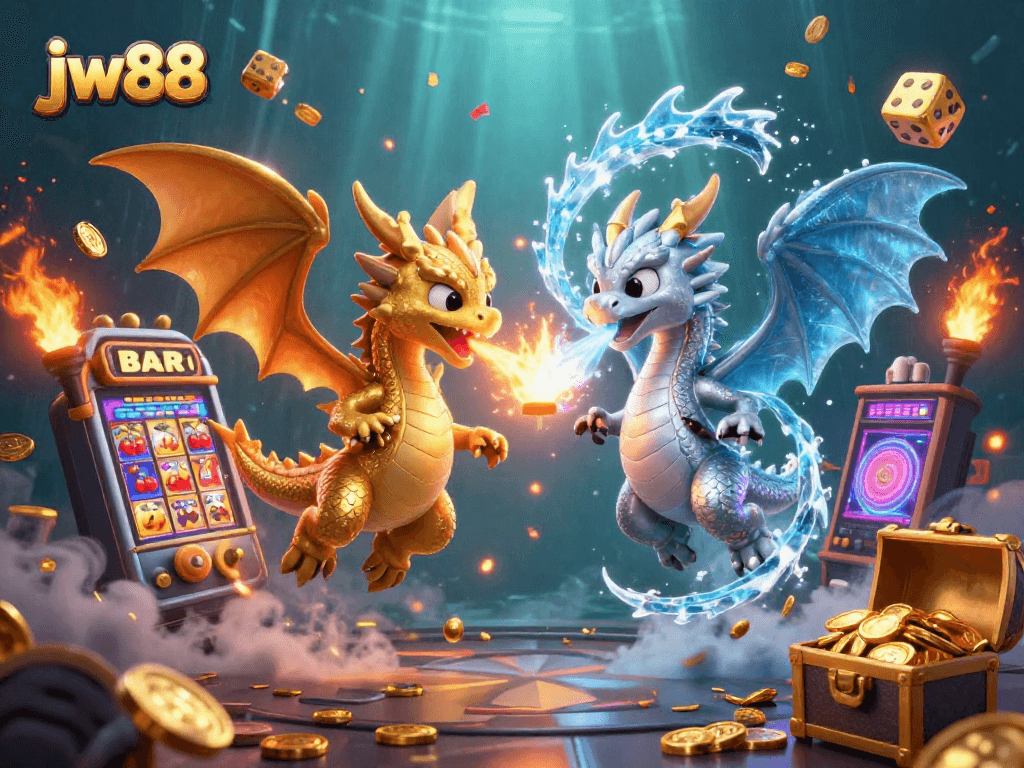 Win big at jw88 with an exciting scene of gold and silver dragons amidst slot machines and gaming excitement.