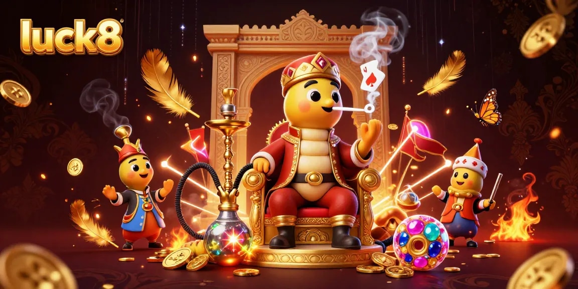 Engaging in luck8's vibrant gambling atmosphere with animated characters, showcasing poker and casino elements.