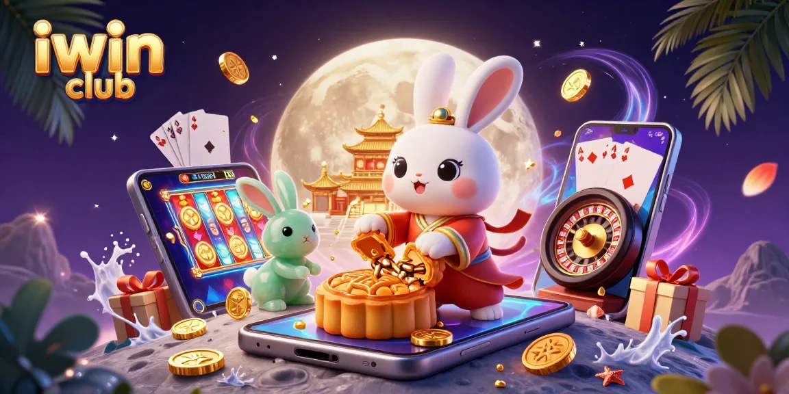 Engage in thrilling gameplay with iwin club featuring vibrant 3D casino elements like poker chips, slots, and moon rabbits.