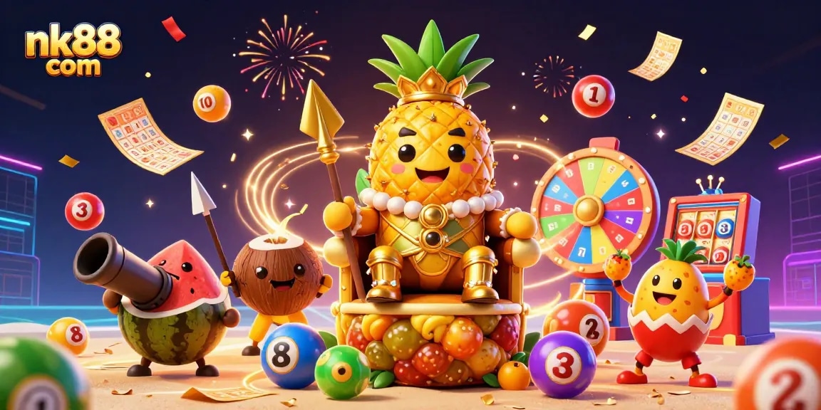 Experience exciting gambling moments at nk88 com with our dynamic 3D casino scene showcasing festive lottery elements.