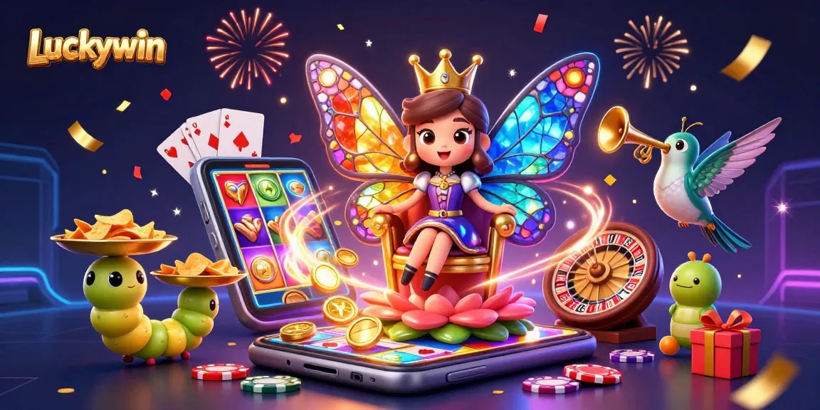 Winning at Luckywin with an enchanting butterfly queen and vibrant casino elements around her.
