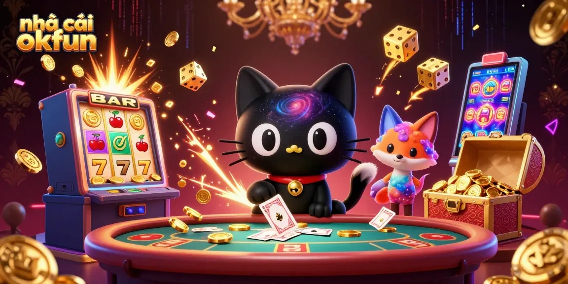 Engage with the nhà cái okfun experience at a cosmic casino table surrounded by vibrant casino elements.