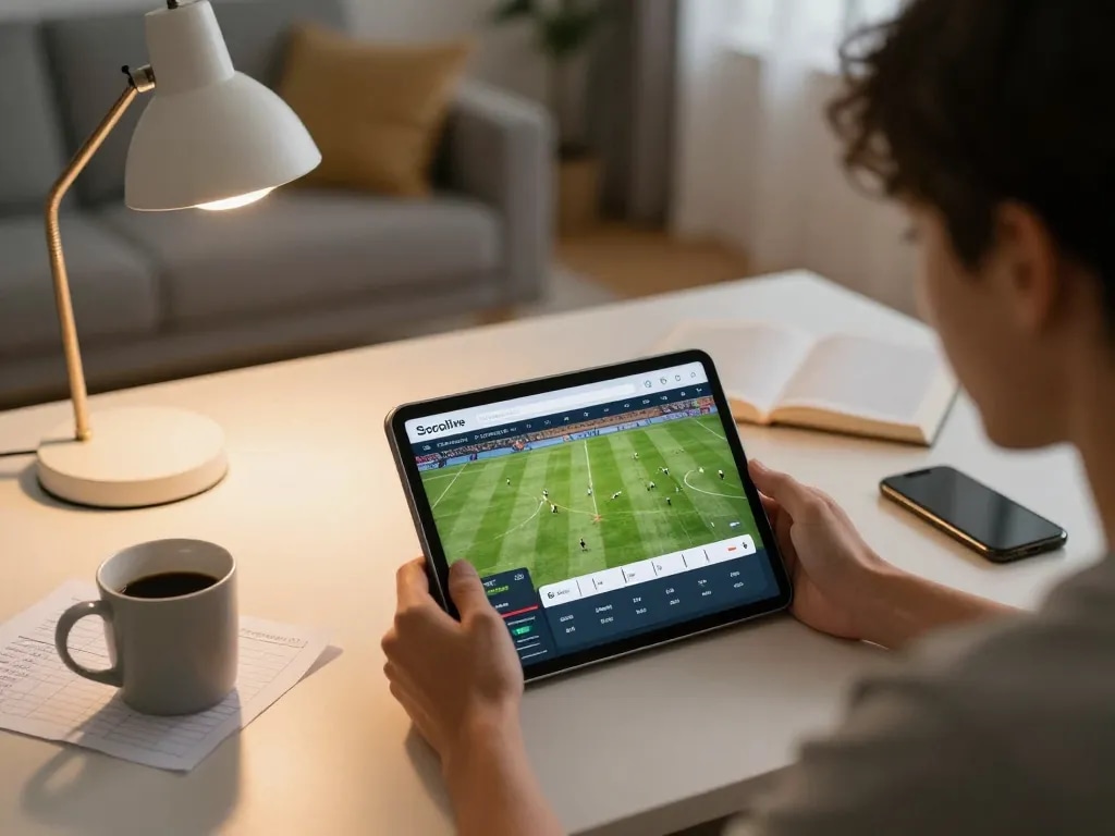 Socolive user watching live football match on tablet, cozy home setup with betting notes