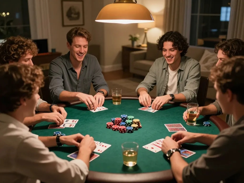 Friends enjoying a poker night at home, showcasing nhà cái 88vin gaming strategies in a cozy setting.