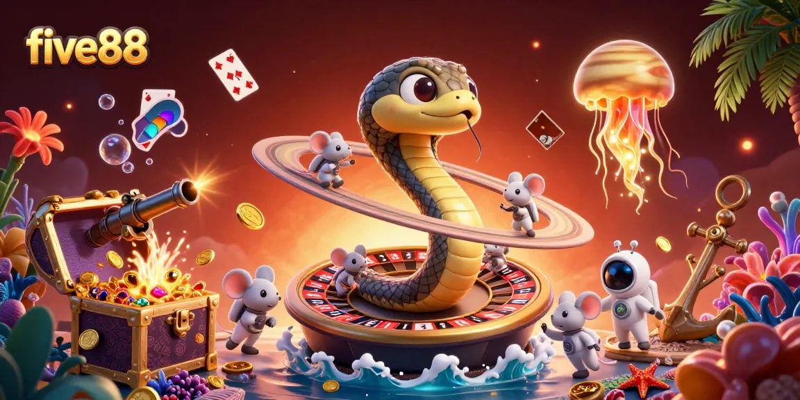 Engage in thrilling betting with five88's cosmic casino featuring playful astronaut mice and a vibrant roulette wheel.