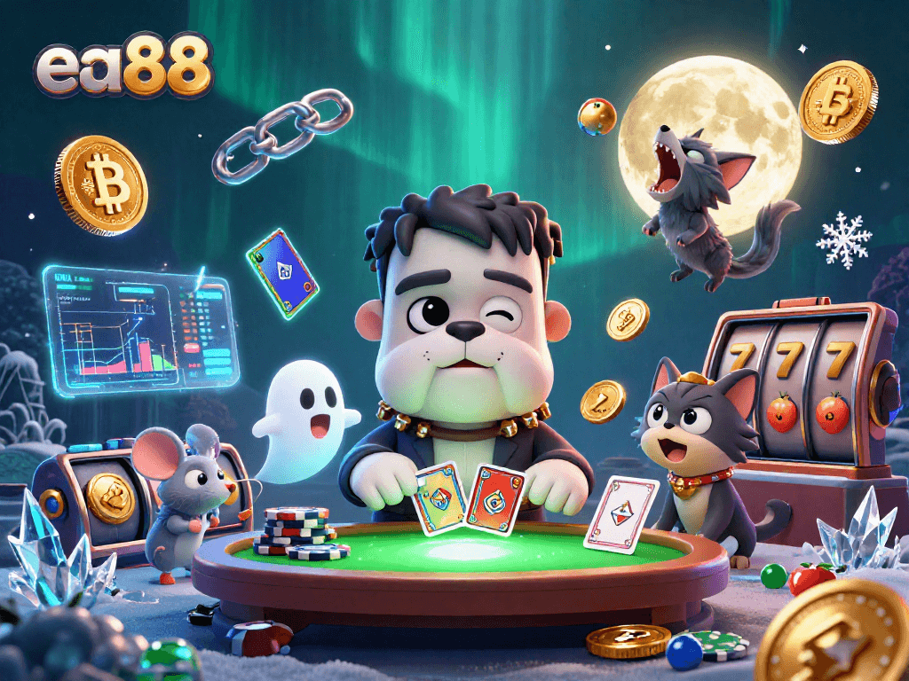 Experience thrilling action as ea88's iconic characters deal cards and play under a radiant atmosphere.