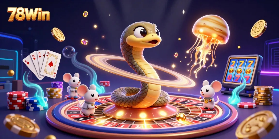 Experience the thrill of 78Win with a dynamic casino scene showcasing an animated roulette and slot frenzy.