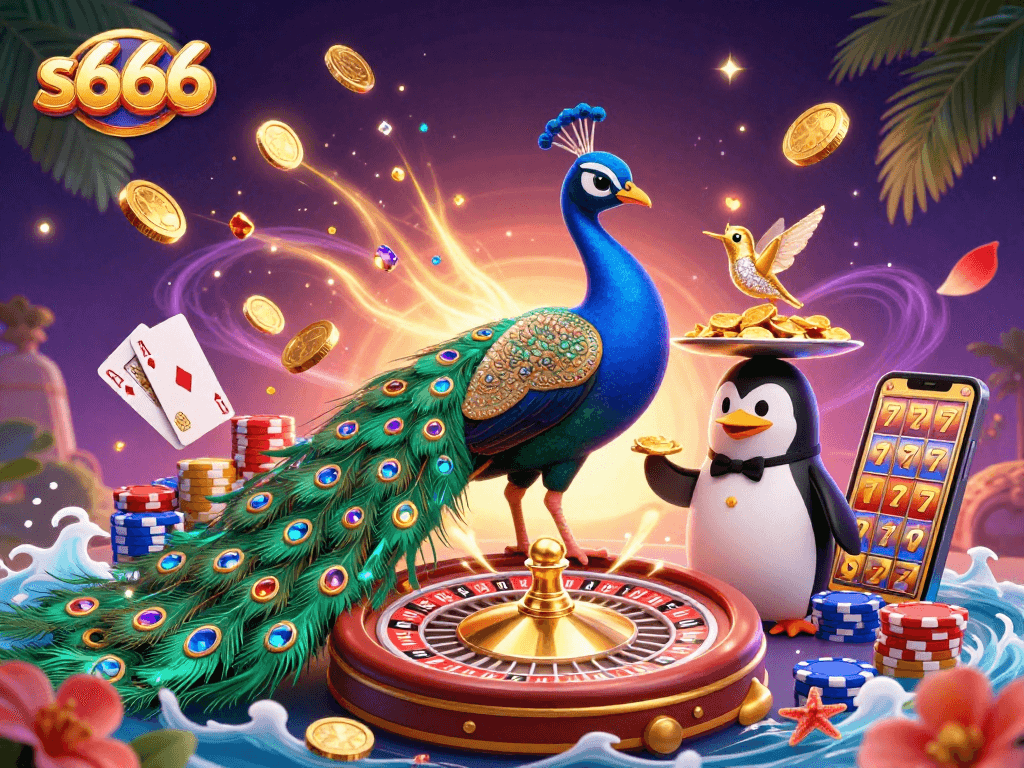 Experience the vibrant world of s666 with a stunning 3D casino illustration showcasing rich game elements and characters.