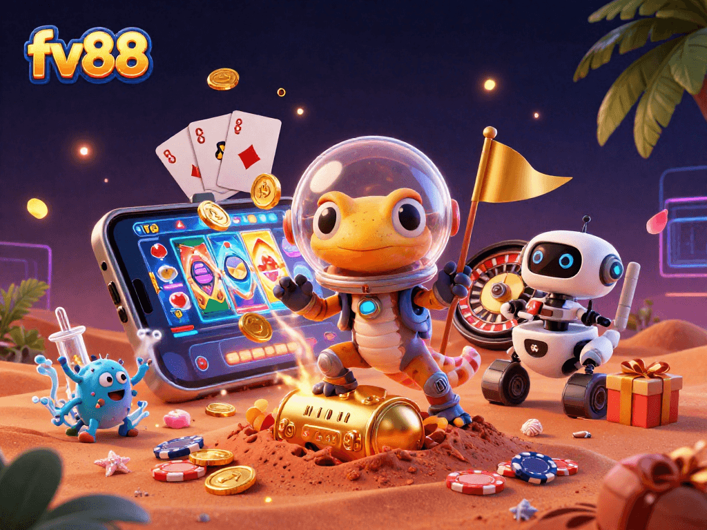 fv88 captivates players with a Martian gecko discovering a golden casino, amidst rich casino elements.