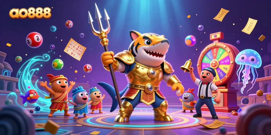 Experience thrilling gameplay with ao888 featuring a tiger shark in gladiator armor amidst an exciting lottery scene.