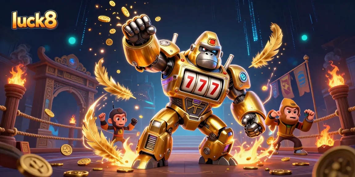 Engage with the luck8 platform as a golden gorilla mech strikes a winning pose, celebrating with coins.