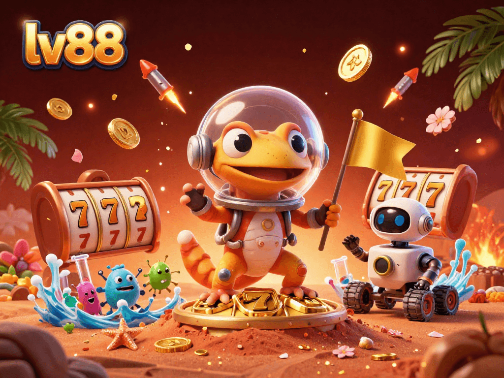 Play thrilling games at lv88 with a dynamic 3D illustration of a Martian gecko discovering a golden casino.