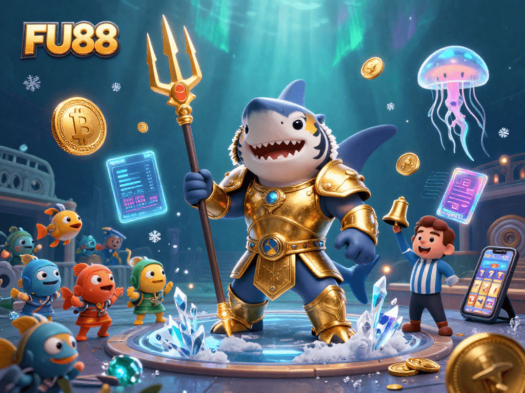 Experience the excitement of FU88 casino with vibrant graphics featuring a golden gladiator shark and dynamic gaming elements.