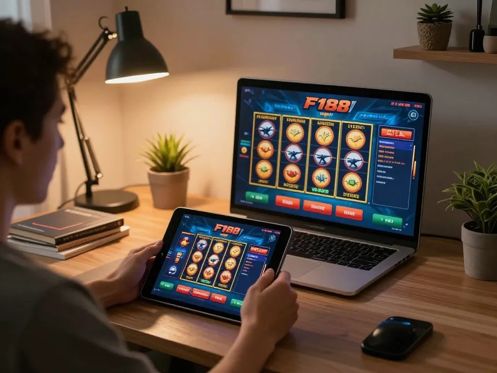 Engaged player using tablet on F 168 online casino platform, showcasing interactive gaming experience.